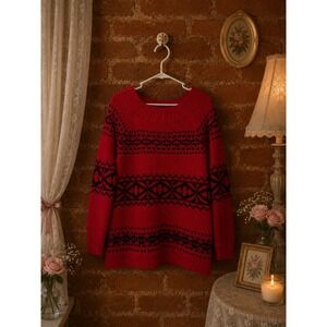 VTG Chaps Womens Red Black Nordic Fair Isle Geometric Knit Tunic‎ Long Sweater M